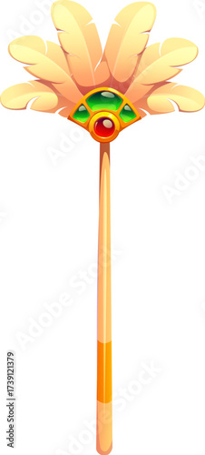 Ancient Egypt flabellum fan, game icon asset, Egyptian treasure featuring wooden handle, feathers and gems. Isolated cartoon vector regal object symbolizes authority, luxury, ceremonial significance