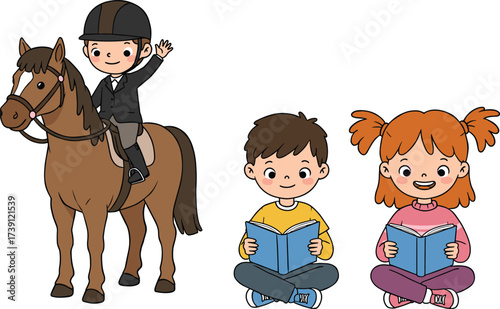Cartoon illustration of children reading books and boy riding horse, educational activity, outdoor fun, learning and equestrian sport in vector design