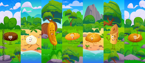 Cartoon bread bakery characters collage. Vector funny bread, dumpling, churro, cookie and sweet pastry food personages with expressive faces, posing in vibrant outdoor forest and nature backgrounds