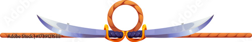 Marine and nautical divider, corsair border frame, piracy decoration. Cartoon vector pirate emblem featuring two crossed cutlasses joined by a central coiled rope circle and horizontal rope line