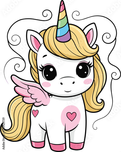 Adorable cartoon unicorn with rainbow horn, cute magical pony character, fantasy fairytale animal vector, kawaii baby horse illustration artwork