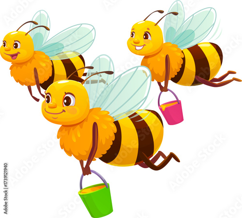 Cartoon cheerful honey bee characters with translucent wings fly while carrying colorful buckets filled with honey. Vector swarm of adorable insect personages workers collecting nectar in the garden