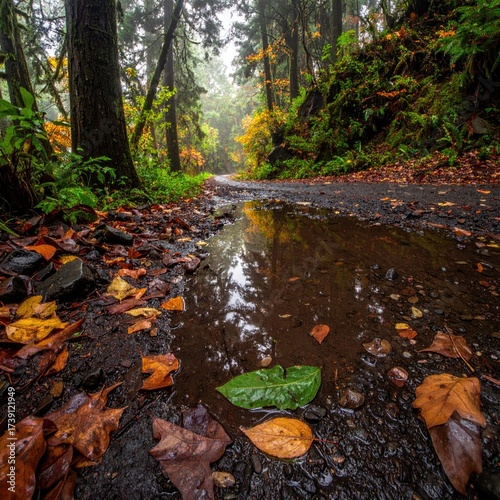 Forest path with reflective puddle