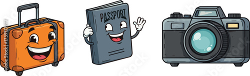 Cartoon travel illustration with smiling suitcase, happy passport character, cute camera drawing, funny vacation concept, tourism adventure vector artwork