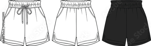 Casual women shorts fashion flat sketch, black and white vector design, elastic waistband, drawstring detail, summer wear, apparel template, cad drawing flat vector illustration