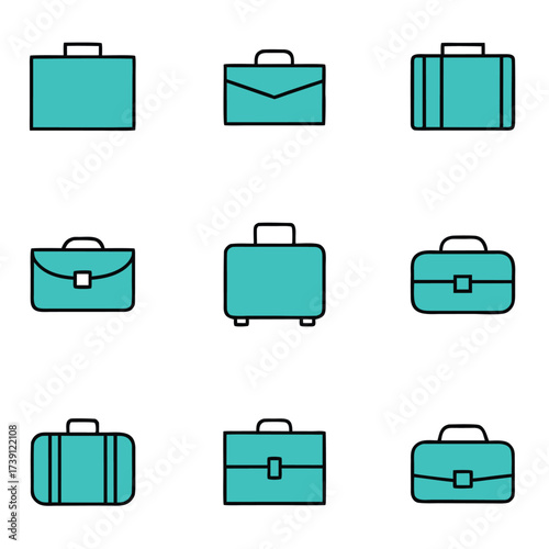 Collection of nine teal briefcase icons on a white background luggage travel