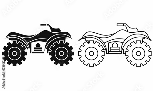 ATV quad bike vector icons in outline and solid style. All-terrain vehicle illustration with large rugged tires, outdoor extreme sport transport, off-road adventure design.
