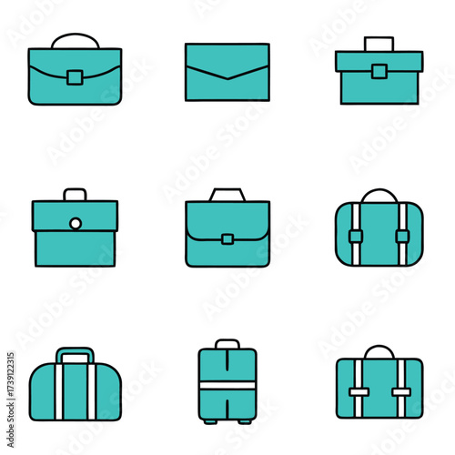 Collection of nine teal and black briefcase and luggage icons travel