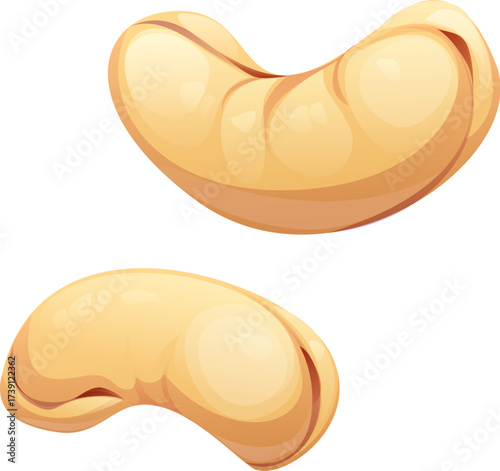 Cartoon raw ripe cashew nuts with curved shape and hard shell. Vector exotic seeds, healthy snack and organic ingredient for diet, vegan food and tropical plant seeds or kernels isolated on white