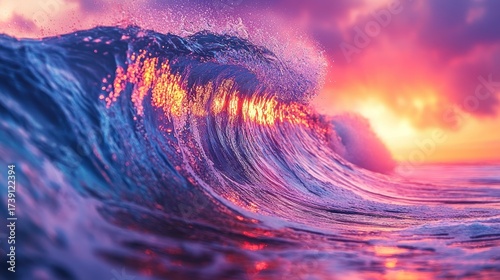 Large ocean wave illuminated by golden sun at sunset against a vibrant pink and purple sky
