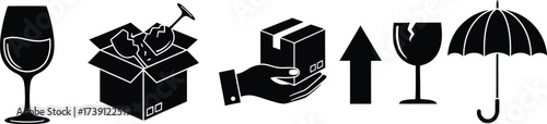 Collection of vector icons representing fragile items and handling instructions