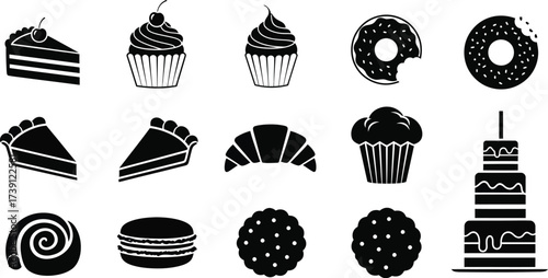 Collection of delicious desserts and baked goods icons sweet cake, cupcake, donut, croissant, cookie and other pastries