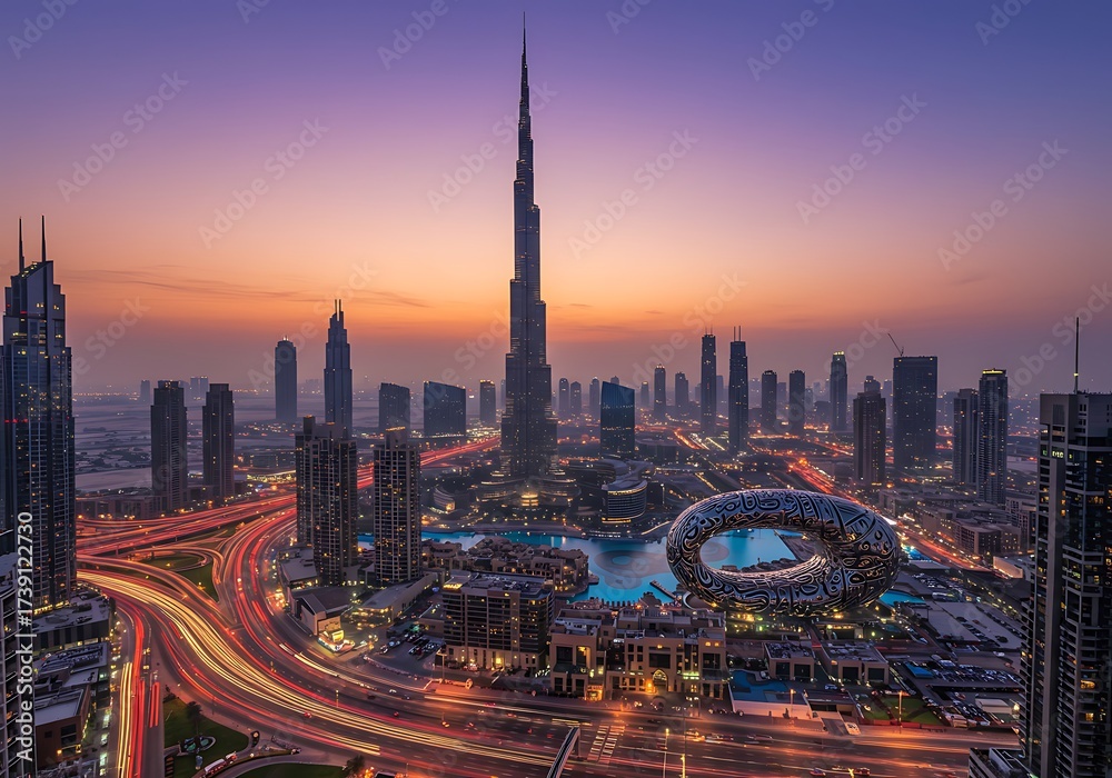 Fototapeta premium Long-exposure aerial view of Downtown Dubai's futuristic cityscape at blue hour, highlighting the towering Burj Khalifa