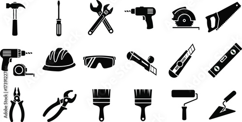 Construction and repair tools hammer, screwdriver, wrench, drill, saw, helmet, glasses and tape measure