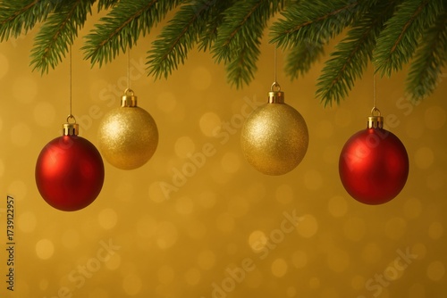 Christmas tree branch with red and gold baubles on a golden bokeh background.