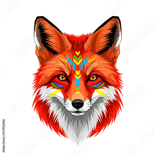 Fierce red fox face with tribal war paint, forward-looking, minimalist geometric lines, vibrant accent colors, clean white background, futuristic warrior vibe