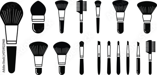 A comprehensive set of black makeup brushes, showcasing various shapes and sizes for cosmetic application