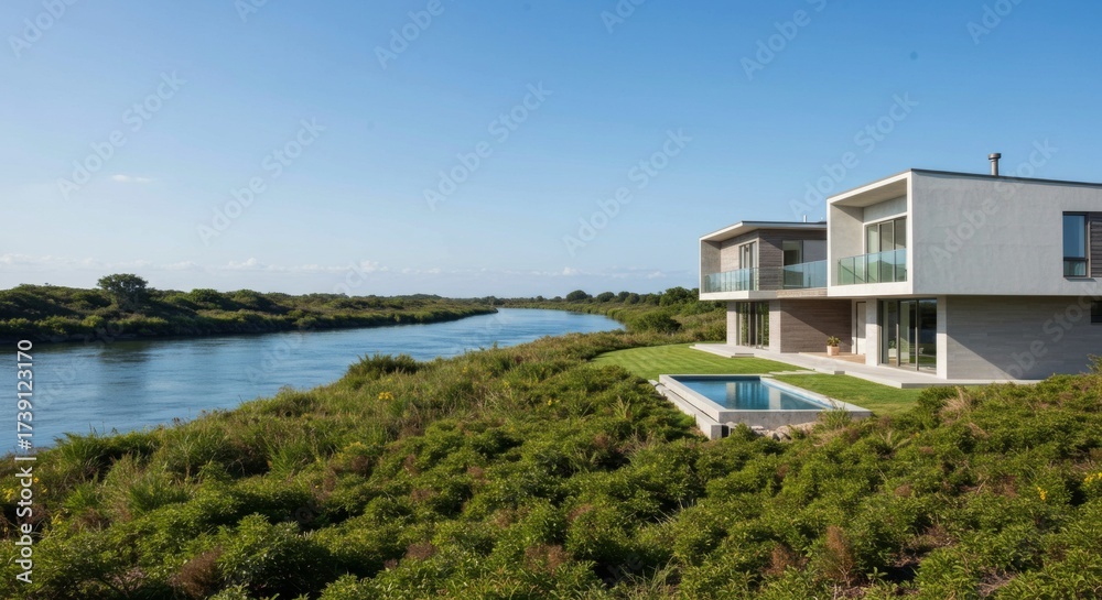 Fototapeta premium Modern home with swimming pool overlooking a river