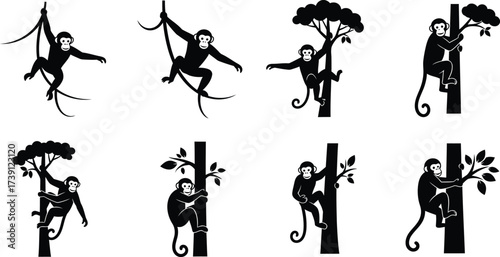 Collection of monkey silhouettes climbing trees set of different monkey silhouettes in various poses and positions
