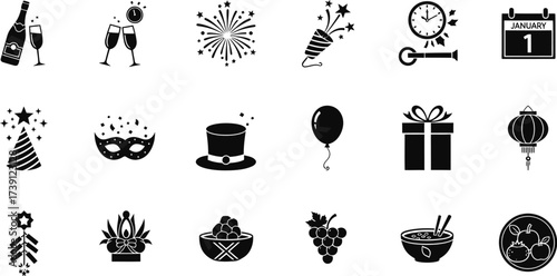 Festive new year celebration icons collection of party symbols, including champagne, fireworks and calendar