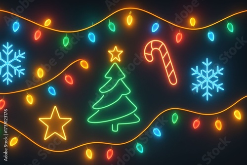 Festive Neon Christmas Decorations on Dark Background.