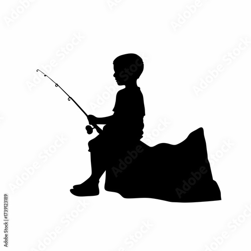 Silhouette of a boy fishing with rod isolated on white background