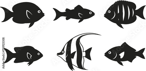 Collection of fish icons set of various sea creatures in simple black silhouette perfect for marine designs