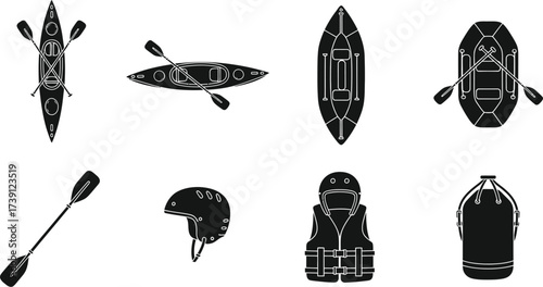 Set of vector icons for kayaking and rafting equipment includes kayak, raft, paddle, helmet, life jacket, and dry bag