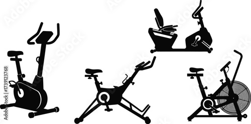 Set of stationary exercise bikes silhouette indoor cycling machine vector illustration for gym or home workout