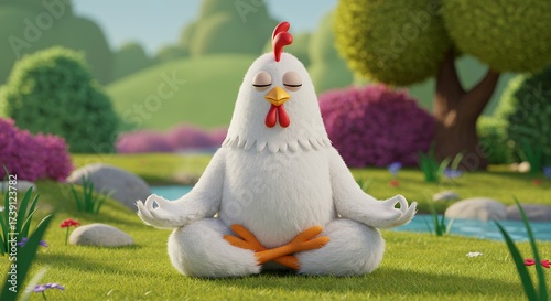 Cartoon chicken meditating in a peaceful natural setting