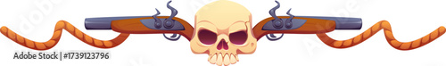 Marine and nautical dividers, pirate and corsair border frame, piracy decoration with a skull flanked by two crossed flintlock pistols with twisted rope ends. Adventure or treasure hunting emblem