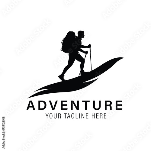 Hike logo vector art of silhouette of a hiker with a backpack and trekking poles, walking on a stylized path