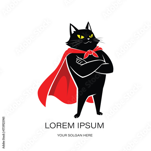 A supper hero cat logo vector art of a fierce black cat wearing a red superhero cape and bandana, with arms crossed