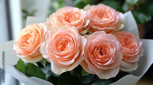 Lush bouquet of radiant peach-pink roses, gracefully wrapped for a special occasion