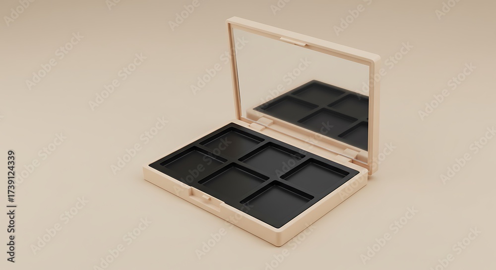 Fototapeta premium Empty makeup palette with six empty pans and a mirror, isolated on a neutral background for commercial usage and mockups