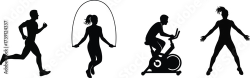 Fitness and workout silhouette vector set includes running, jumping rope, cycling and jumping jack exercises