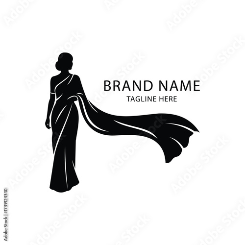 A logo vector art of silhouette of a woman wearing a traditional indian saree, , with space for brand name and tagline