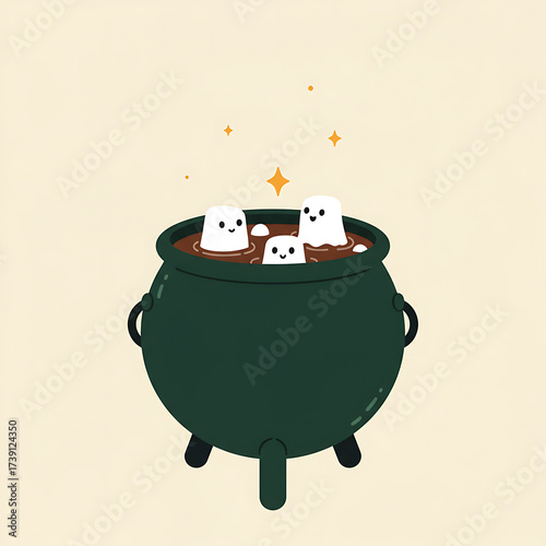 A cartoon illustration featuring a cauldron filled with marshmallow ghosts, with sparkling accents.