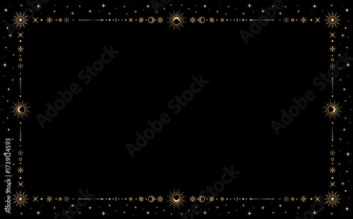 Mystic celestial esoteric frame with sun, moon and star planets, vector golden line border. Mystic celestial frame for Tarot cards background, esoteric astrology and witchcraft magic occult symbols