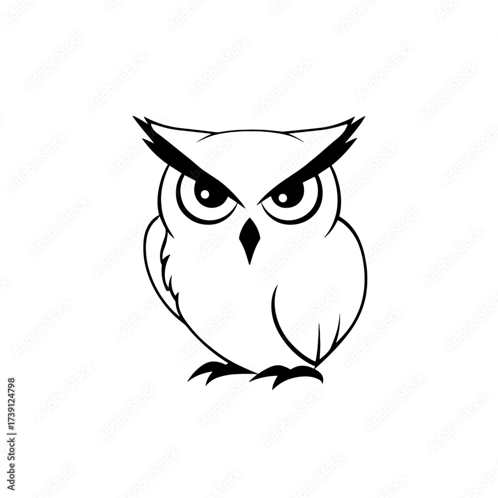 Fototapeta premium Great Horned Owl. Great Horned Owl simple black and white line art vector logo