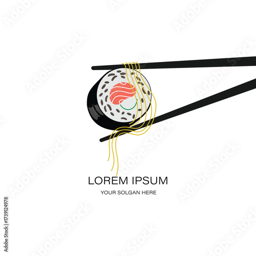 Minimalist sushi and noodle logo a single sushi roll held by chopsticks, isolated on a, with the text lorem ipsum below, japanese food symbol with noodle wrap