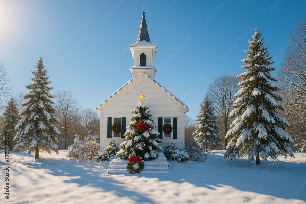 Fototapeta premium Charming White Church in a Snowy Winter Landscape with Christmas Decorations.