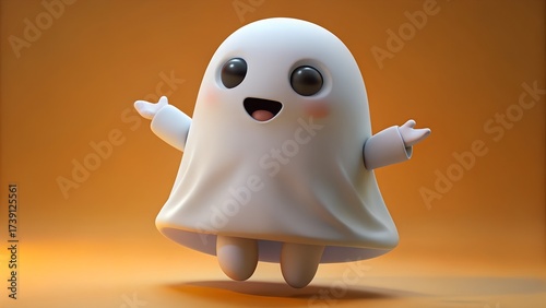 Halloween-themed: 3D plastic toy a ghost in a white robe, large eyes, a wide smile. The background is a solid, warm orange color.