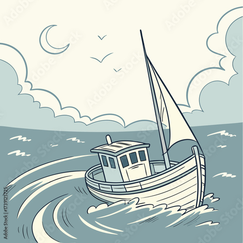 Vector art of a captivating cartoon illustration of a sailboat gracefully navigating through the ocean waves under a moonlit sky, with seagulls soaring above, creating a sense of adventure and freedom