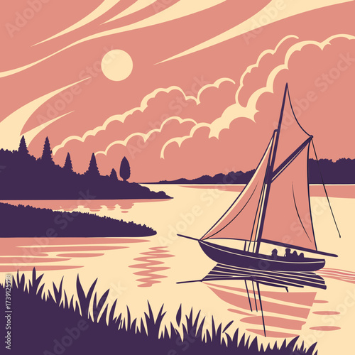 Vector art of a picturesque landscape illustration captures a winding river flowing through a lush forest, with a silhouette of a tree framing the scene, creating a peaceful and inviting natural vista