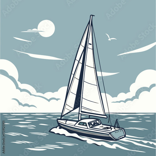 Vector art of a tranquil beach scene with palm trees swaying gently in the breeze, as the waves caress the sandy shore under a serene sky, inviting relaxation and escape