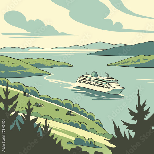 Vector art of a picturesque view of a cruise ship sailing through calm waters surrounded by lush green islands and rolling hills under a serene sky, evoking a sense of tranquility and adventure