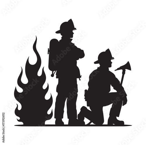Firefighters pose silhouette and Vector