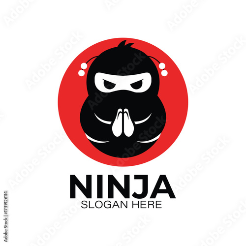 Minimalist ninja mascot logo cute cartoon ninja face with hands clasped in prayer, black and white vector for gaming or tech branding, gaming, symbolic, abstract branding