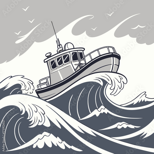 Vector art of a sturdy fishing boat bravely navigates through rough, choppy waves under a cloudy sky, showcasing the resilience and determination of maritime life